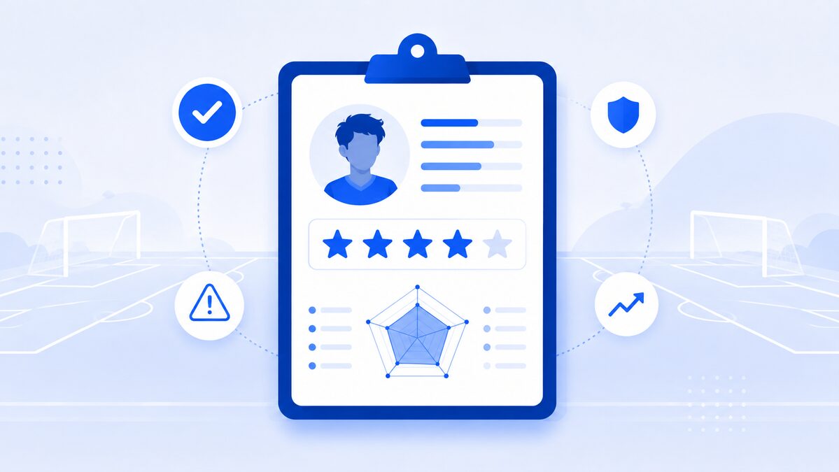 Illustratie van een beoordelingskaart met sterren-rating op een voetbalveld, symbool voor objectief spelers beoordelen