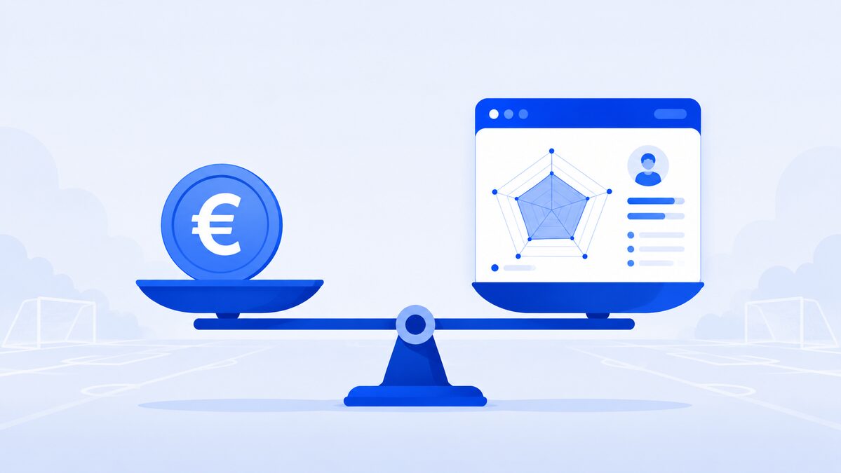 Illustratie van een euro-icoon in balans met een dashboard, symbool voor de kosten van een spelersvolgsysteem